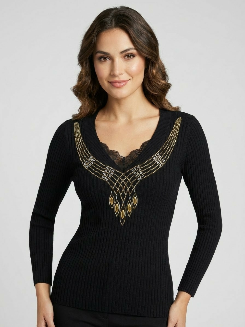 august silk Black V-Neck Ribbed Sweater with Gold Embellished Neckline